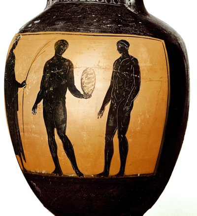 Ánfora panatenaica que representa a un atleta recibiendo un trofeo, 580-520 a.C. (cerámica) de Greek